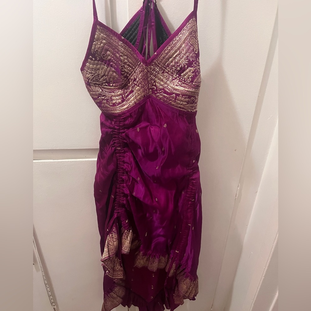 Purple High-Low Evening Dress with Gold Embroidery
